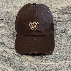 New Custom Designed Brown Distressed Baseball Cap with Embroidered Leopard Heart